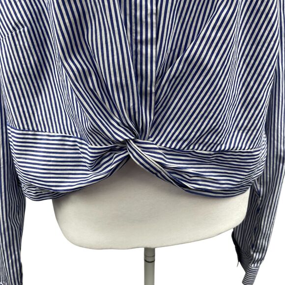Seersucker Cropped Shirt Sz XL Blue Striped Summer Beach Front Twist Office - Picture 3 of 9